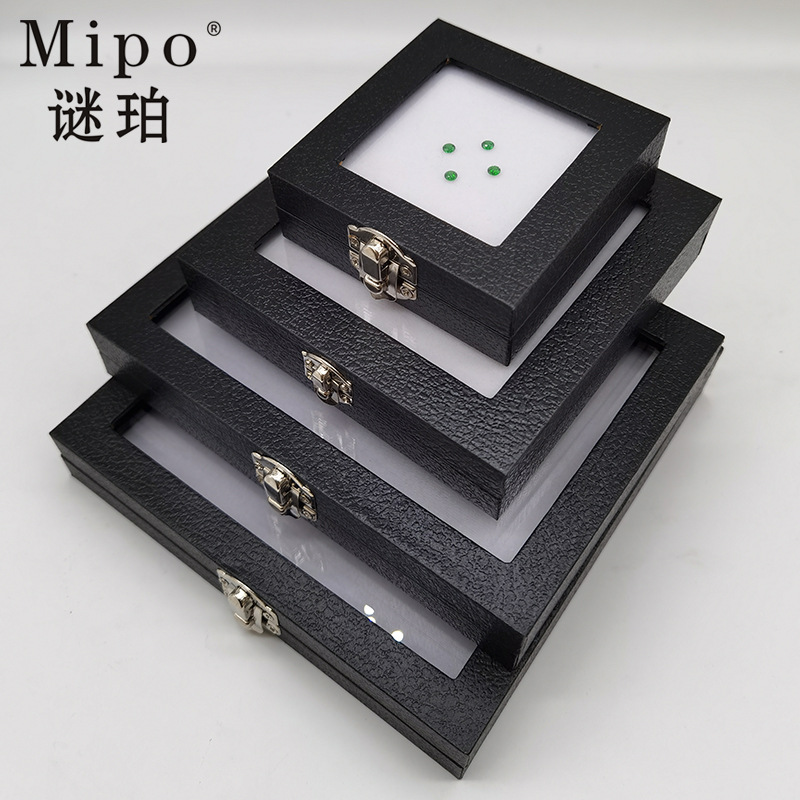 谜珀黑漆皮布玻璃面带锁扣透明首饰珠彩宝石钻天窗裸石戒面展示盒