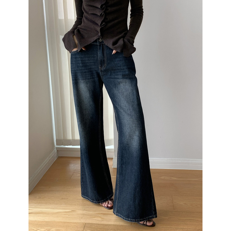LOOP IN Autumn New Vintage Washed Denim Pants for Women, Low Waist, Slightly Flared, Floor-Length, Wide-Leg, Straight Pants