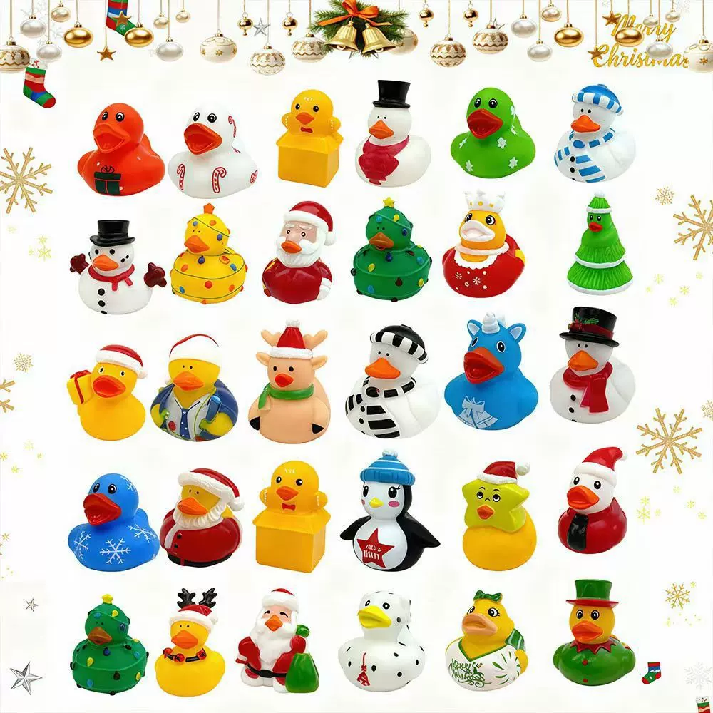 现货圣诞鸭搪胶鸭卡通公仔捏捏叫戏水儿童小黄鸭派对解压盲盒玩具