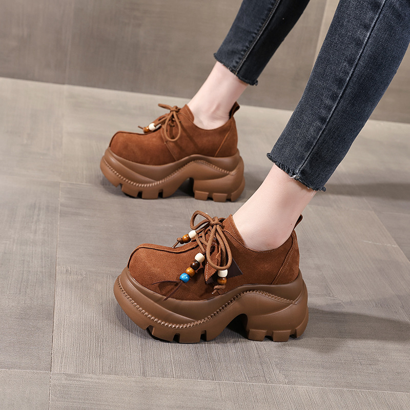 Giày lười nữ đế xuồng cao platform phong cách JK preppy thanh lịch, đế dày — nâu