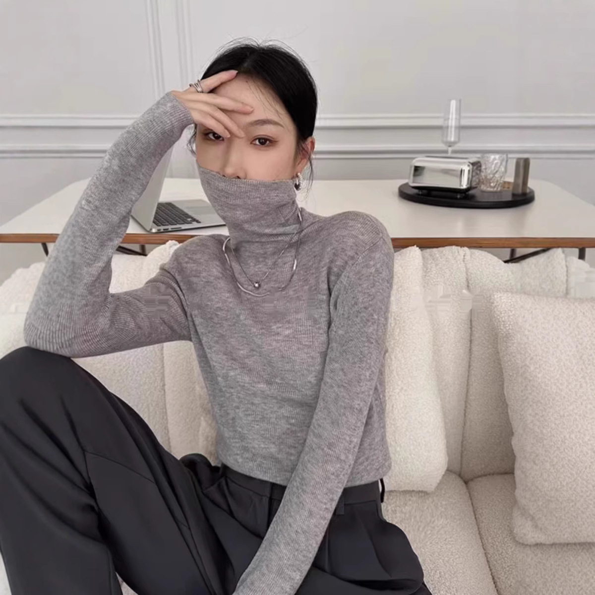 秋冬新款高领针织打底衫女洋气紧身高级感修身堆堆领内搭软糯毛衣
