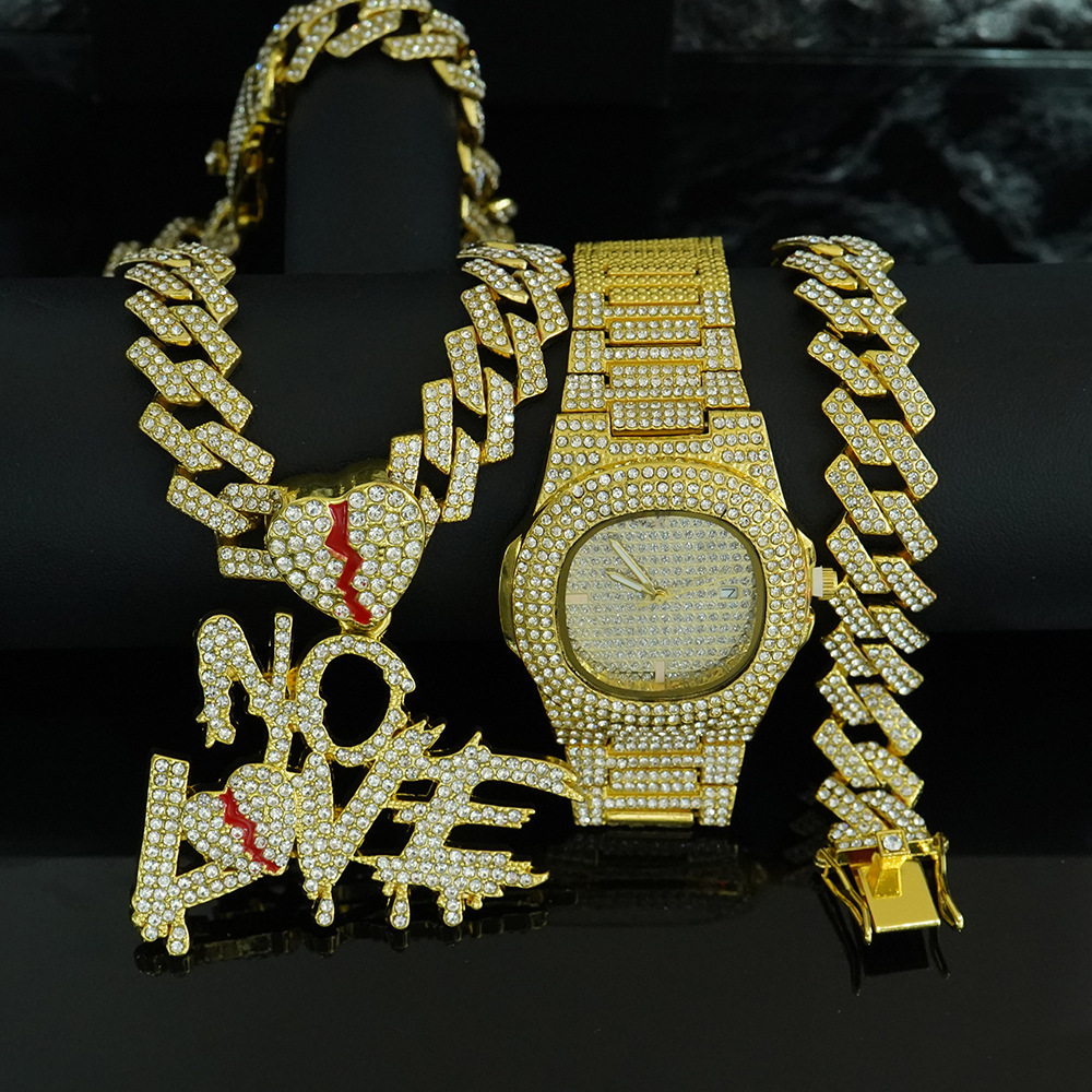 Conjunto de Reloj y Collar con Colgante NO LOVE, Estilo Cubano, para Hombre, en Caja de Regalo de Lujo