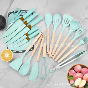 Cross-border wholesale kitchen utensils high temperature resistant silicone spoon cutter non-stick spatula suit with storage barrel 19-piece set