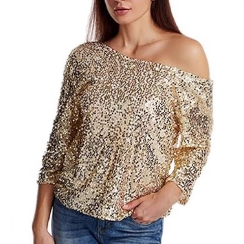 2025 European and American New AliExpress European and American New Loose Sequin Slant Shoulder Short Sleeve Casual Sequin Deep V Shirt