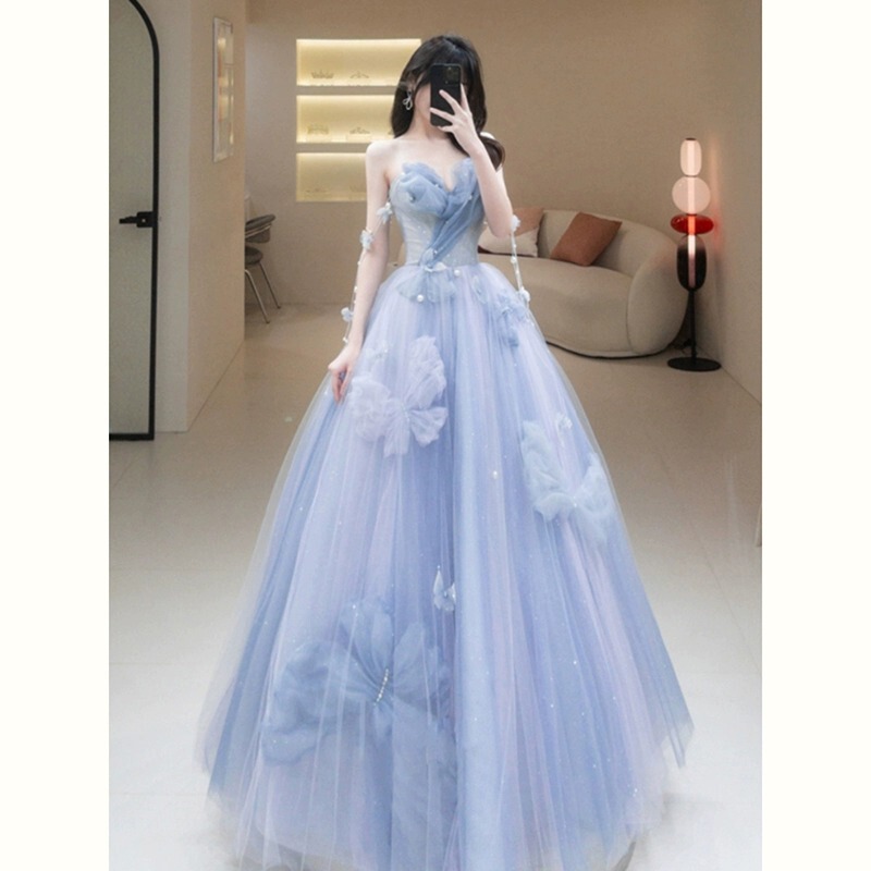 Blue Evening Dress for Women 2026 New Style Runaway Princess Engagement Banquet Elegant High-End Bride Strapless Adult Ceremony Dress Blue Evening Dress for Women 2026 New Style Runaway Princess Engagement Banquet Elegant High-End Bride Strapless Adult Ceremony Dress