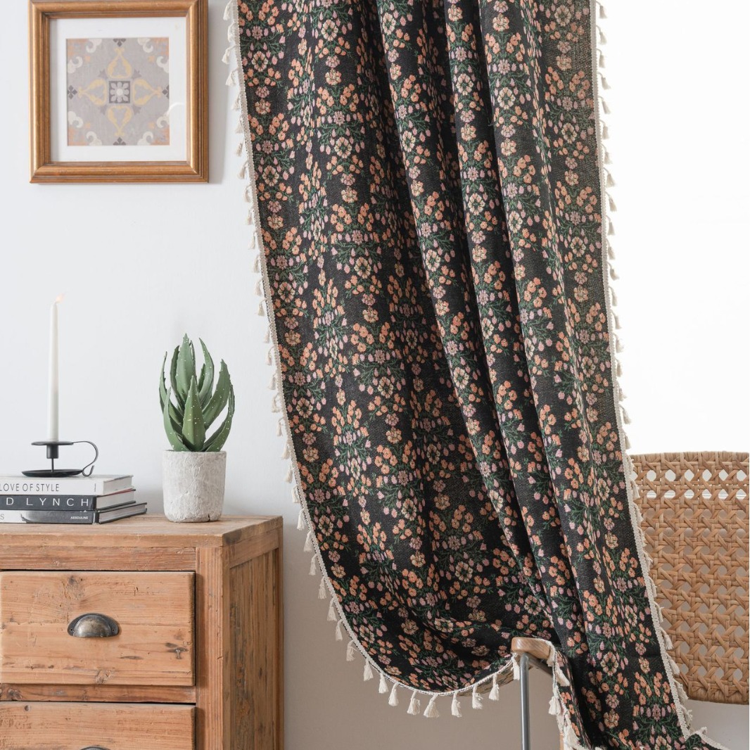 Qixin Curtain Black Jacquard Flower Tassel Curtain Finished Kitchen Curtain Bay Window Semi-Shading