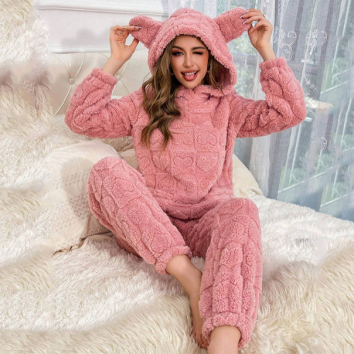 2025 Winter Cotton Fleece Pink Square Heart Print Set Casual Plush Homecoming Hooded Sweatshirt