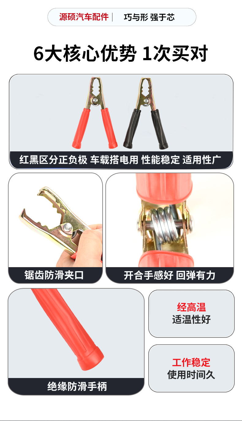 Car battery jumper cables, insulated handle, alligator clips, battery charging clips, red and black positive and negative terminal battery clamps