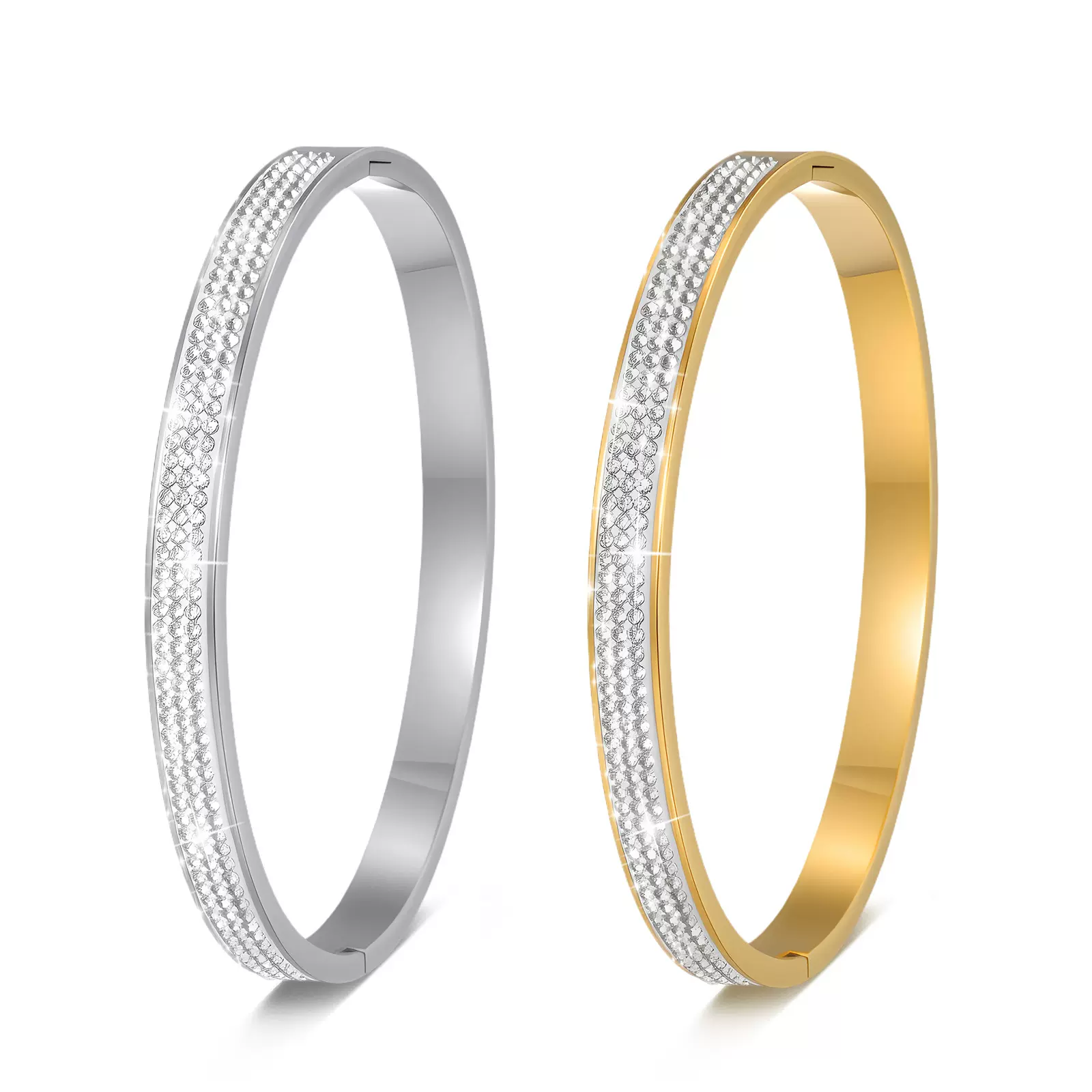 欧美钛钢卡扣手镯女简约三排镶钻跨境爆款时尚开口不锈钢蛋形手镯