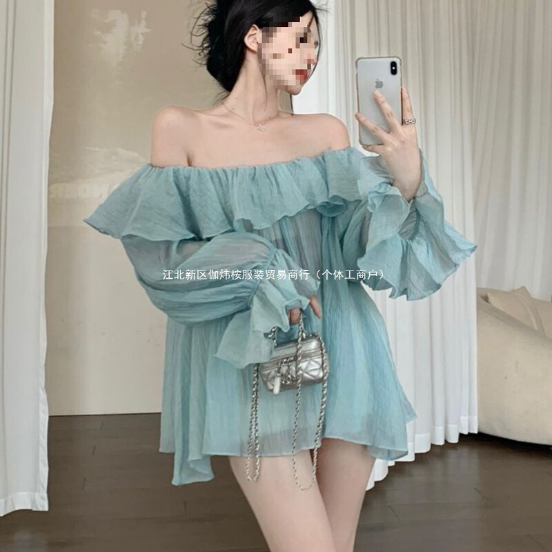 Thin Design Ruffled One-Shoulder Chiffon Shirt Women's Summer Long-Sleeved Shirt Slimming Loose Lazy Top