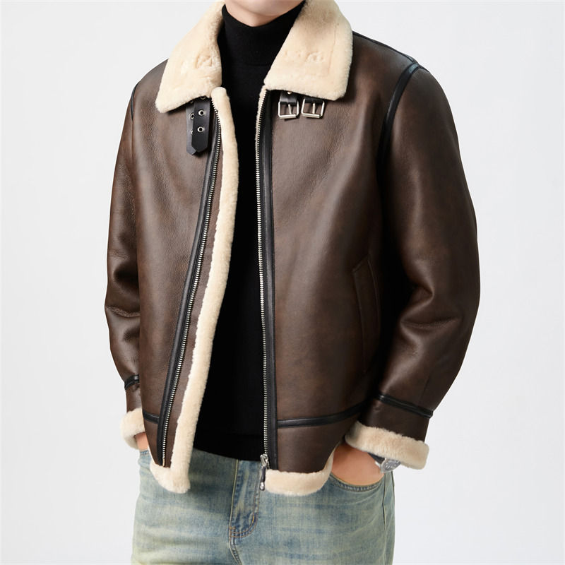 Men's Shearling Jacket Autumn and Winter Trendy Brand Stylish Biker Flight Short Lamb Wool Pu Leather Coat Men's Clothing