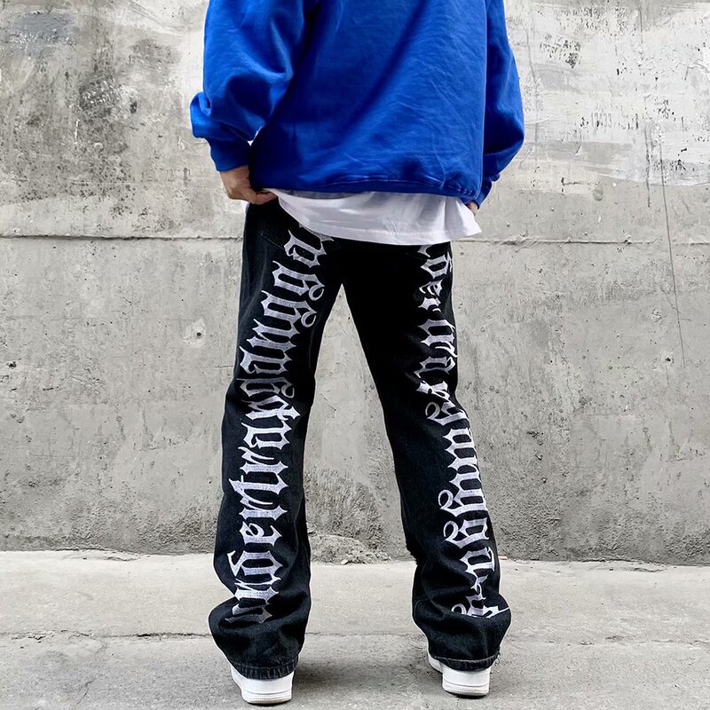 American-style high street black overalls jeans men's design sense deconstruction pants European and American hiphop tall micro-pants