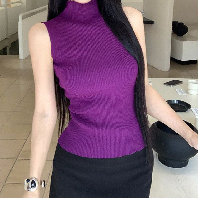 Purple Semi-Turtleneck Sleeveless Knit Top for Women, 2026 Summer New French Style Elegant Outerwear Vest