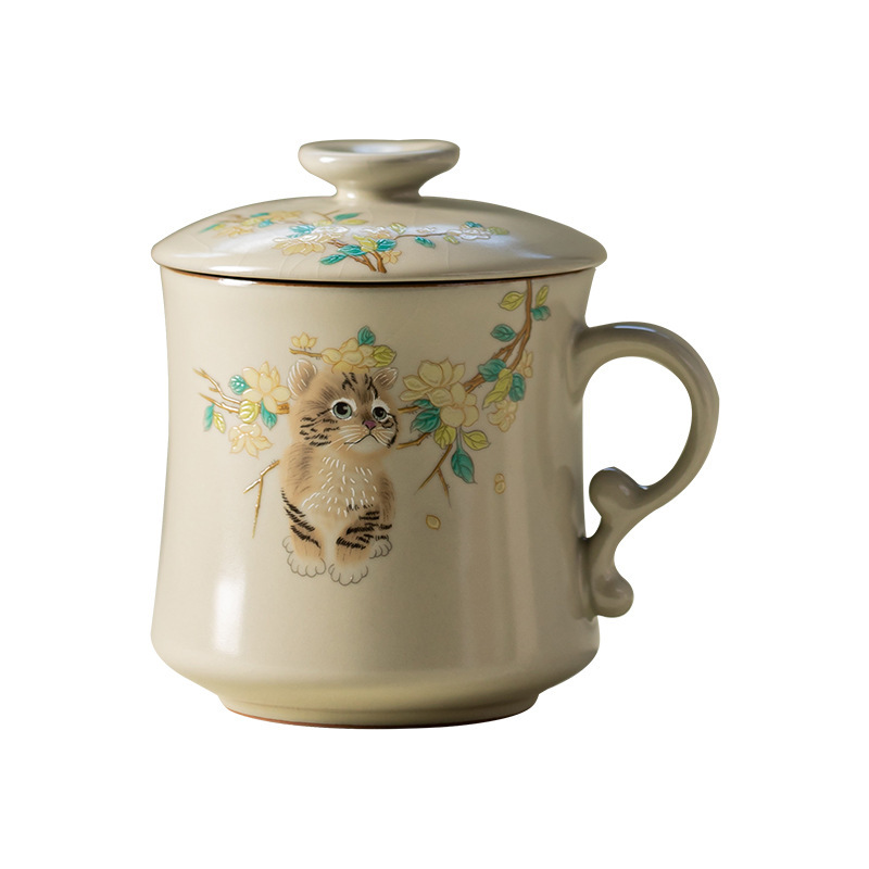 仿古汝窑黄花猫月牙水杯家用办公室开片可养陶瓷茶水分离杯马克杯|undefined