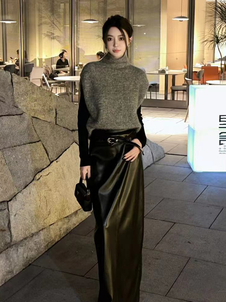 2025秋冬新款黑色打底衫+灰色马甲+皮裙套装三件套年气质时尚女潮