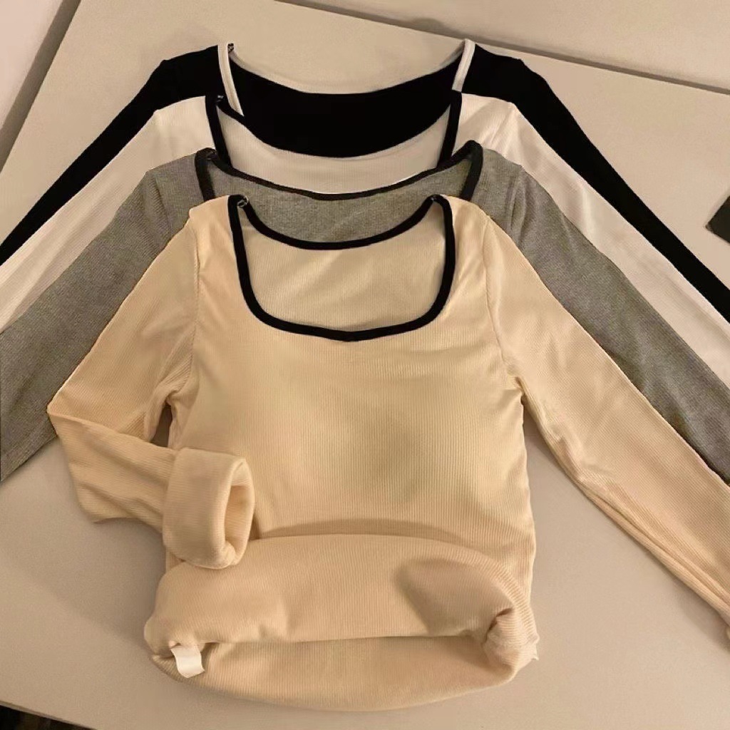 Otoño e invierno cepillado cálido top de manga larga de una sola pieza de contraste de color SLIM-Fit diseño adelgazante bottoming Top con almohadilla para el pecho