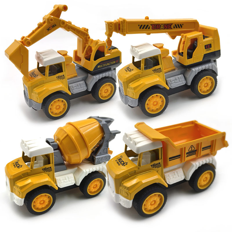 Children's Alloy Plastic Toy Car Set: Pull-Back Construction Vehicles Including Excavator, Bulldozer, Mixer Truck, Crane, and Transport Truck