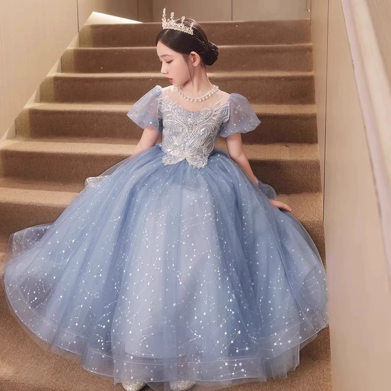 Blue dress, small princess costume, suit, high-quality style, for catwalk, western style