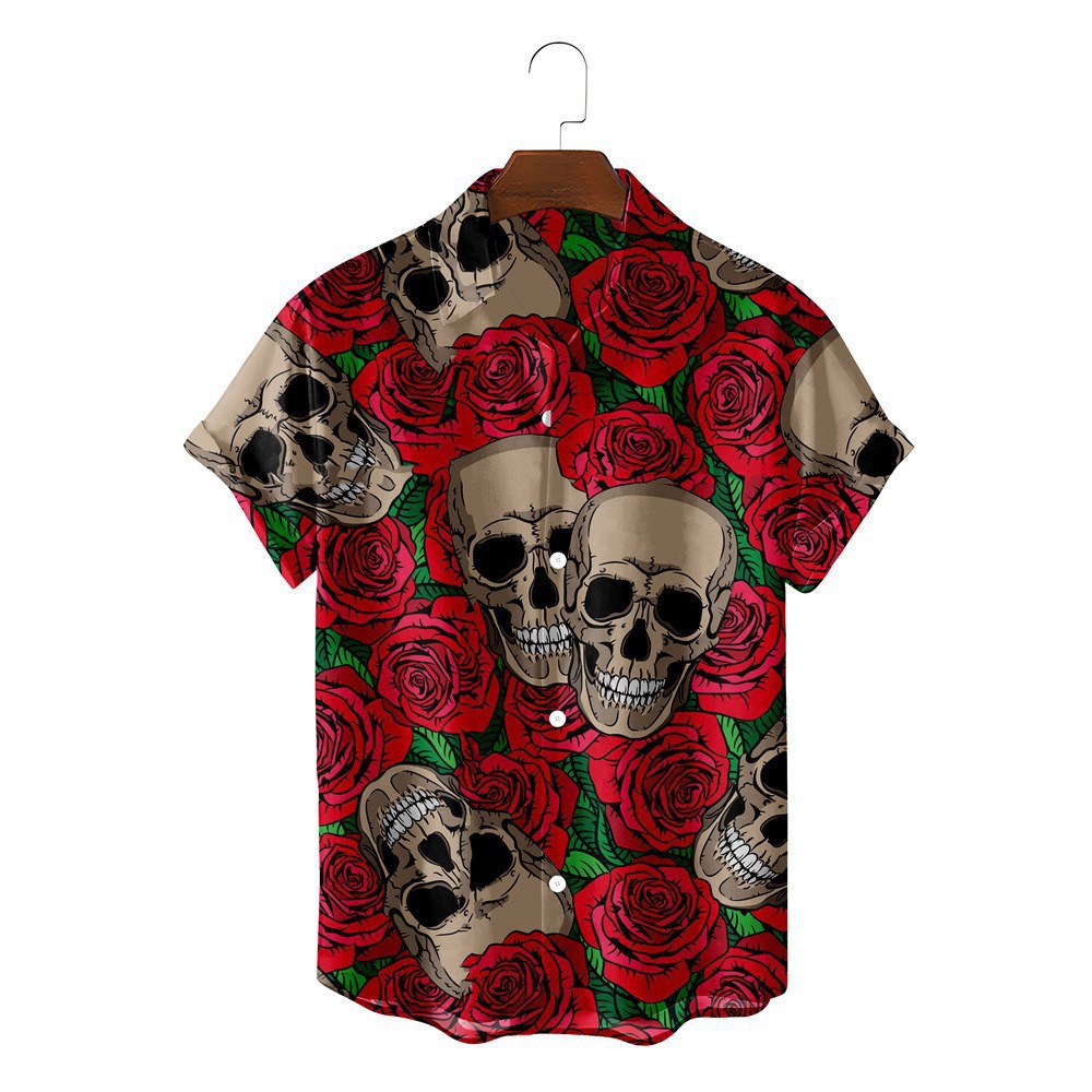 Camisa de Halloween de bala de cuatro lados de calavera digital de venta caliente para hombres con estampado transfronterizo de cuatro lados Halloween suelto casual