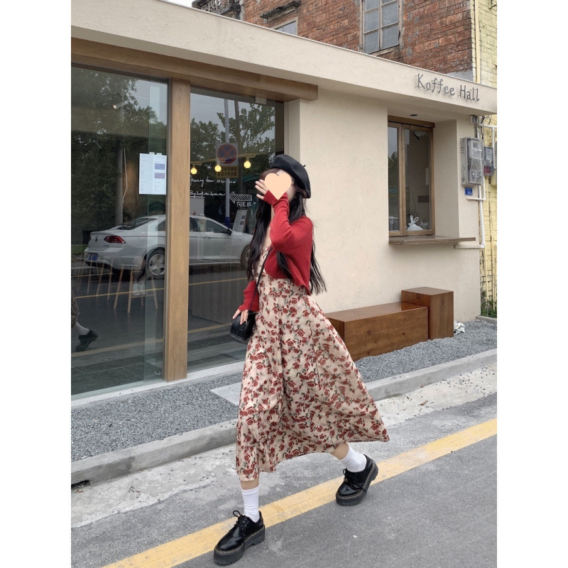 甜美碎花吊帶長裙針織外搭套裝裙子早春新款打底燈芯絨連衣裙女裝