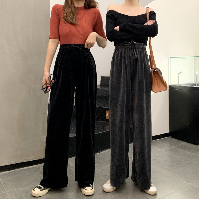 Gold velvet wide-leg pants women's pants spring and autumn draping mop pants new black small narrow straight pants autumn and winter pants