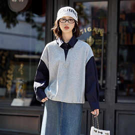 知性假两件POLO领美拉德衬衫女2025新款宽松显瘦百搭气质小资上衣