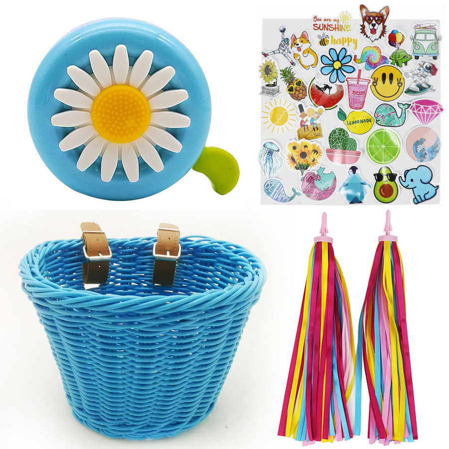 Cesta tejida de ratán para niños accesorios de bicicleta para niños Cesta de campana pegatinas manillar borla imitación Cesta tejida de ratán