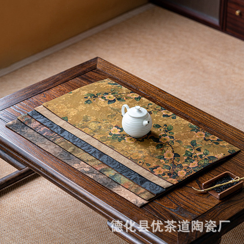 Excellent tea ceremony handmade fragrant cloud yarn old material tea mat Zen style simple camellia pattern table flag fabric tablecloth tea cloth mat