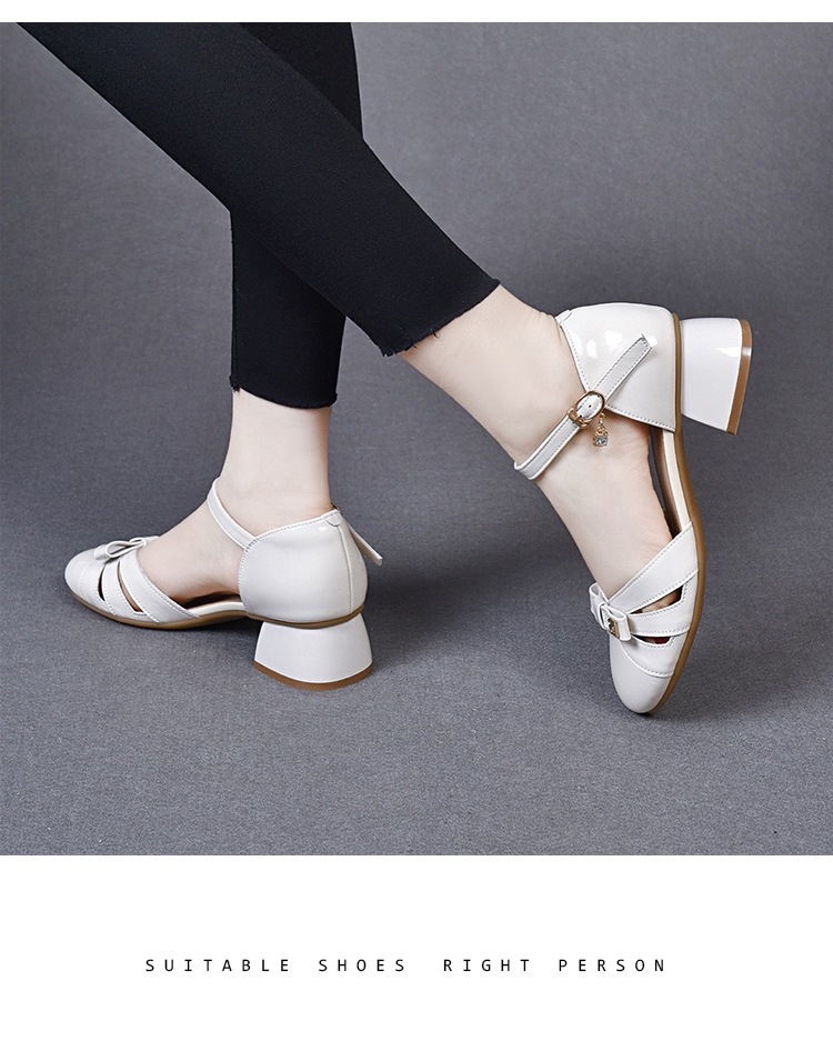 Sandal bít mũi nữ da sáng chế mũi tròn gót thô vừa phải — Màu đen chi tiết 12