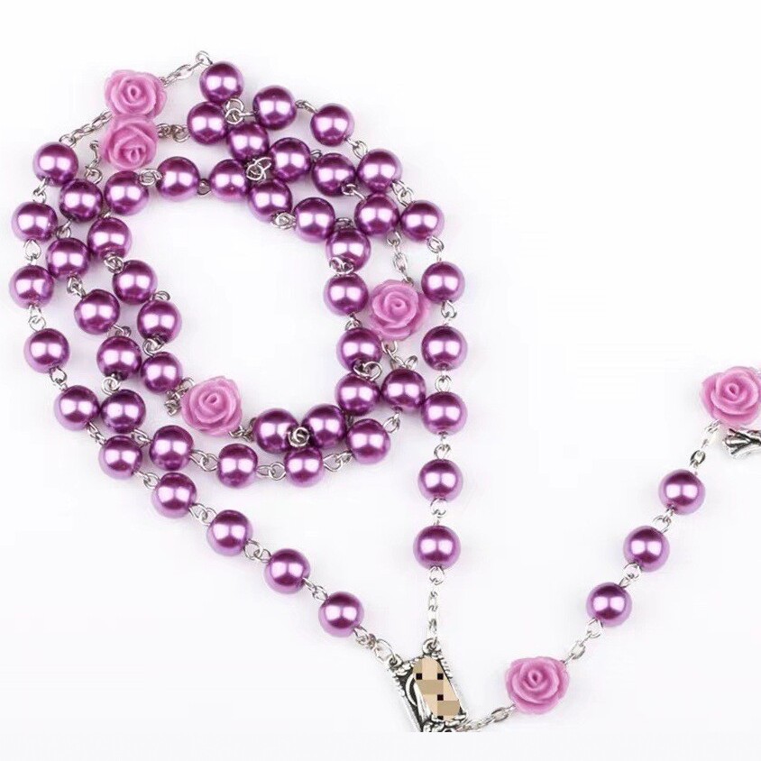Cross-Border New Style Pink Rose Imitation Pearl Rosary Necklace Long Sweater Chain Vintage Cross Jewelry