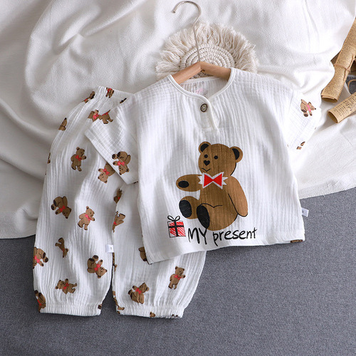 Children's Double-Layer Cotton Yarn Set Summer Thin Boys' and Girls' Pure Cotton Homewear Pajamas Muslin Air-Conditioning Clothes Children's Clothing