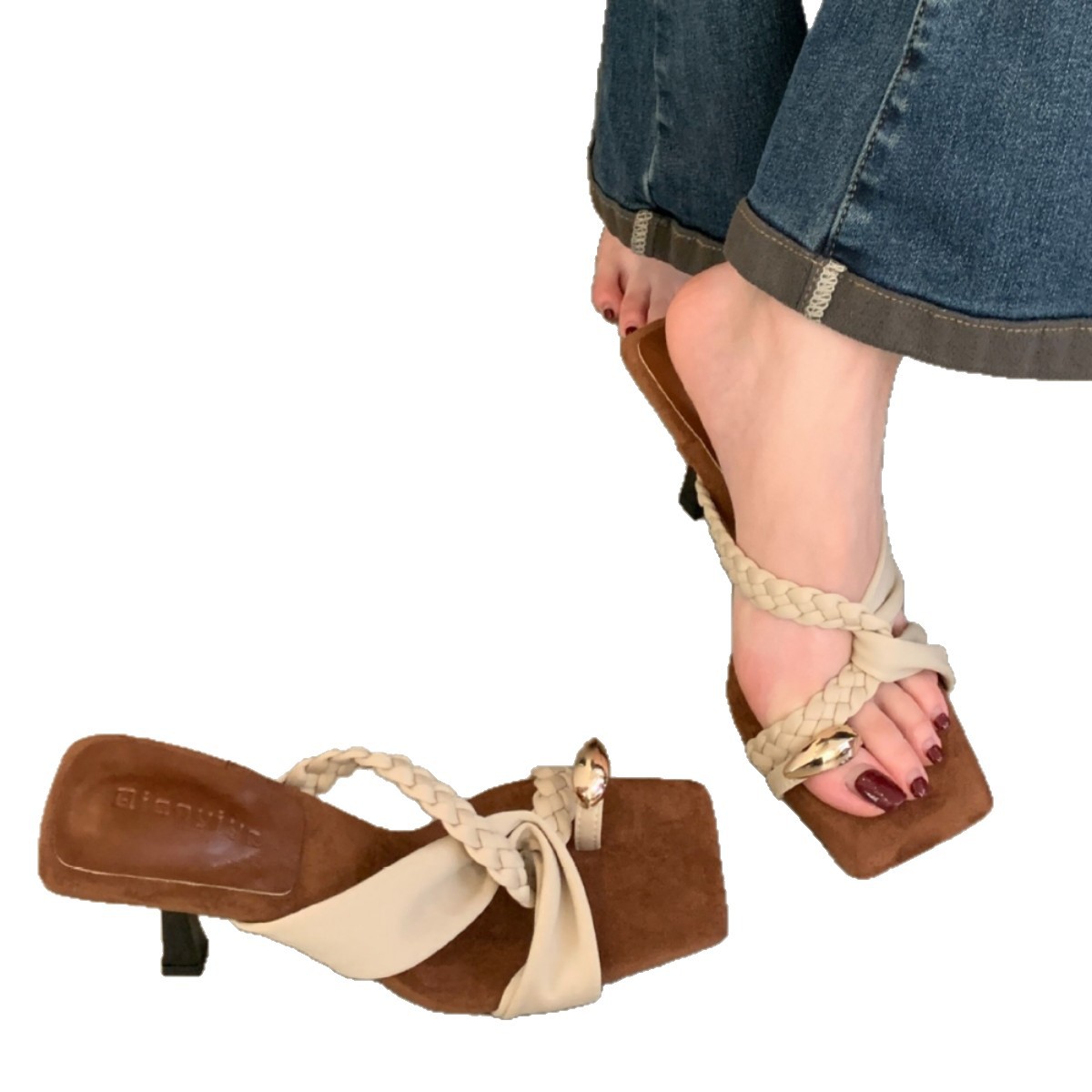 Women's Square Toe Stiletto Mules With Woven Rope Straps_voghion.com