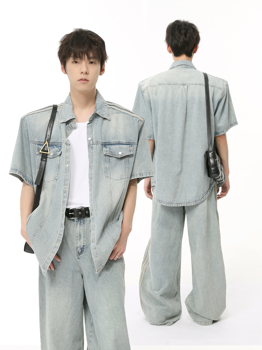 MTLCLOTHES Hombres| 2024 verano nuevo estilo retro americano barra lateral estriado diseño cojín de hombro conjunto de moda