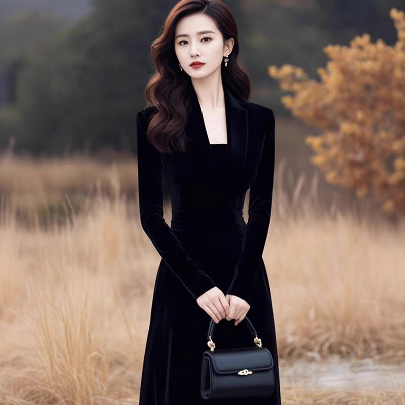 High-Class Elegant Goddess Style High-End Birthday Evening Dress Formal Occasion Black Waist-Cinching Velvet Dress