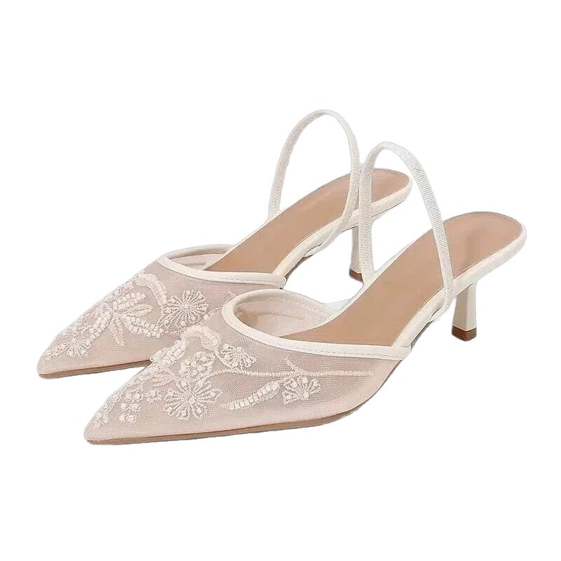 Sandalias de Tacón Alto con Malla y Bordado de Tejido y Caucho, Diseño en Punta, para Verano