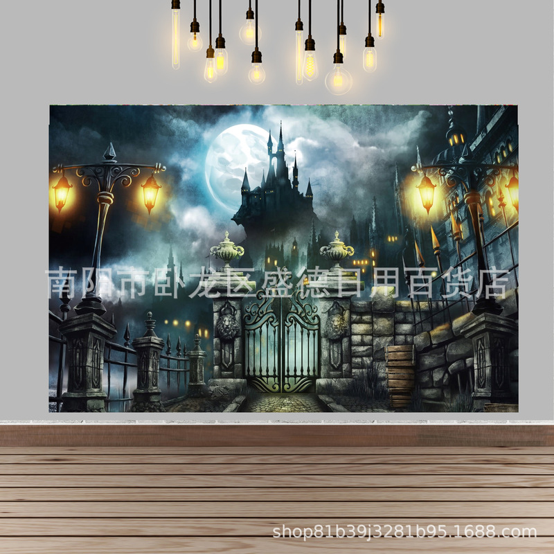 Halloween Dark Castle full moon photo background foreign trade horror Ghost festival party decoration banner photography background cloth