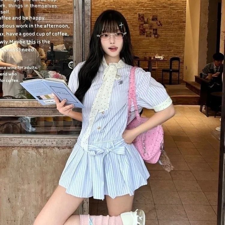 夏季条纹法式连衣裙女2025新款小个子巨好看收腰显瘦A字衬衫裙子|undefined