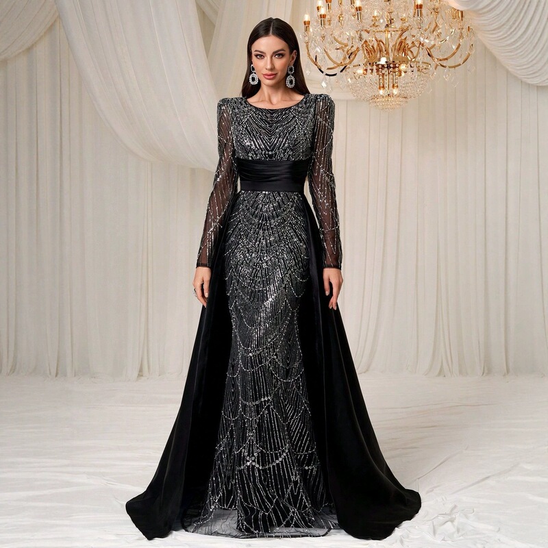 Cross-Border High-End Sequined Beaded Evening Dress with Long Sleeves and Detachable Cape, Two-Piece Mermaid Gown for Women - Ssn366