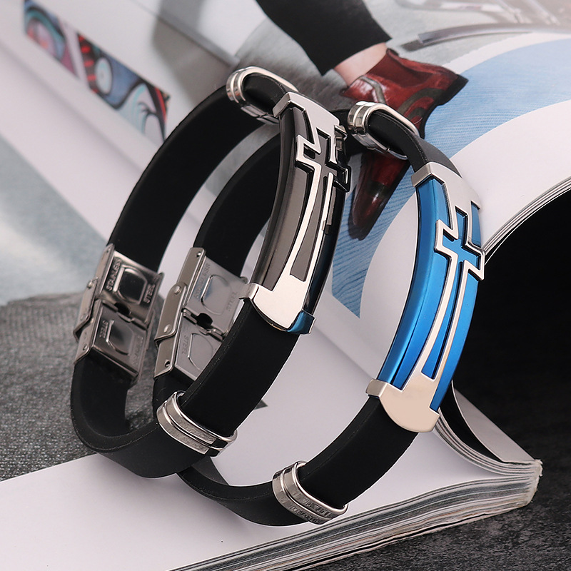 DIY Personalized Engraving Cross-Border Jewelry Wholesale European and American Titanium Steel Silicone Cross Men's Bracelet Wristband Bracelet