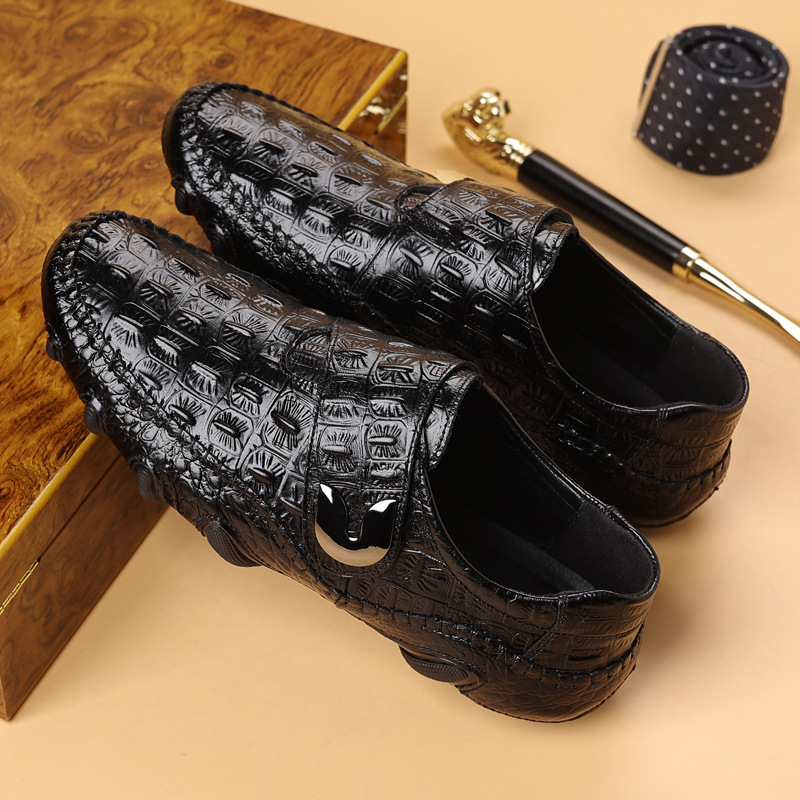 Cross-Border Leather Shoes for Men Genuine Leather 2025 Spring New Men's First Layer Cowhide Trendy Crocodile Pattern Men's Shoes Dropshipping