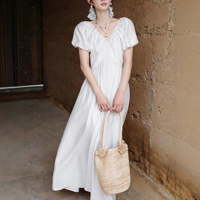 Plum "Seine Holiday" Lyocell Acetate Linen French Vacation V-Neck Puff Sleeve Dress for Women Plum "Seine Holiday" Lyocell Acetate Linen French Vacation V-Neck Puff Sleeve Dress for Women