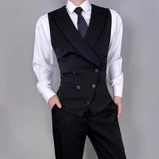 Spring and Autumn Men's Double-Breasted Suit Collar Waistcoat British Retro Business Casual Solid Color Slim Fashion Trendy Men's Vest
