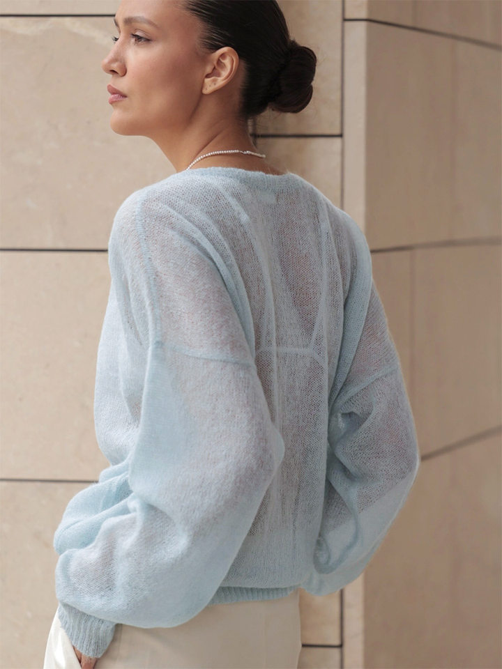 Áo cardigan dệt kim nữ cổ chữ V dáng rộng mỏng nhẹ — Màu xanh dương chi tiết 9