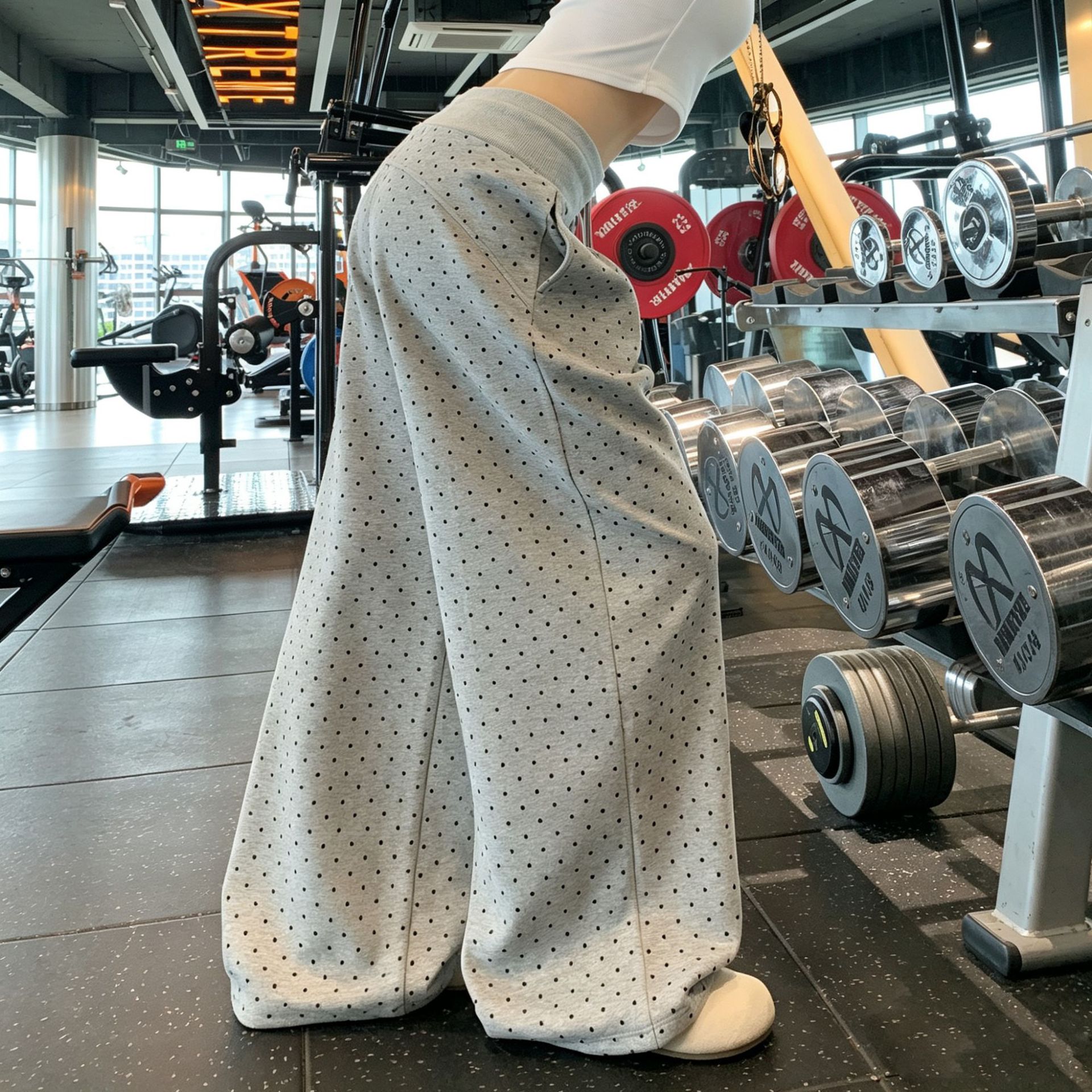 波点弯刀裤女春秋薄款2026新款小个子高腰镰刀阔腿裤美式运动卫裤