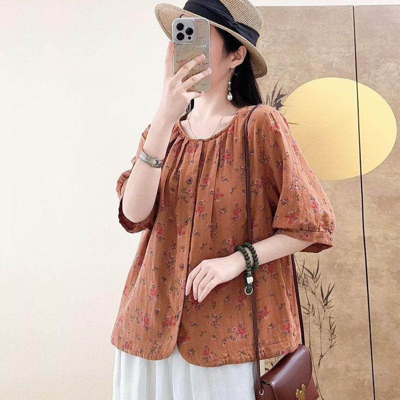 2026 New Style Double-Layer Gauze Retro Chinese Style Shirt for Women, Summer Floral Fashion Loose Print Elegant Mom Top 2026 New Style Double-Layer Gauze Retro Chinese Style Shirt for Women, Summer Floral Fashion Loose Print Elegant Mom Top