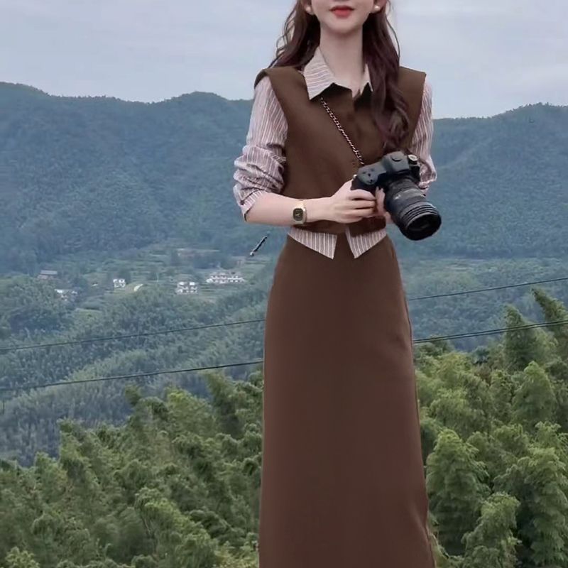 秋季新款时髦气质显瘦两件套女感条纹衬衫上衣半身裙时尚套装|undefined