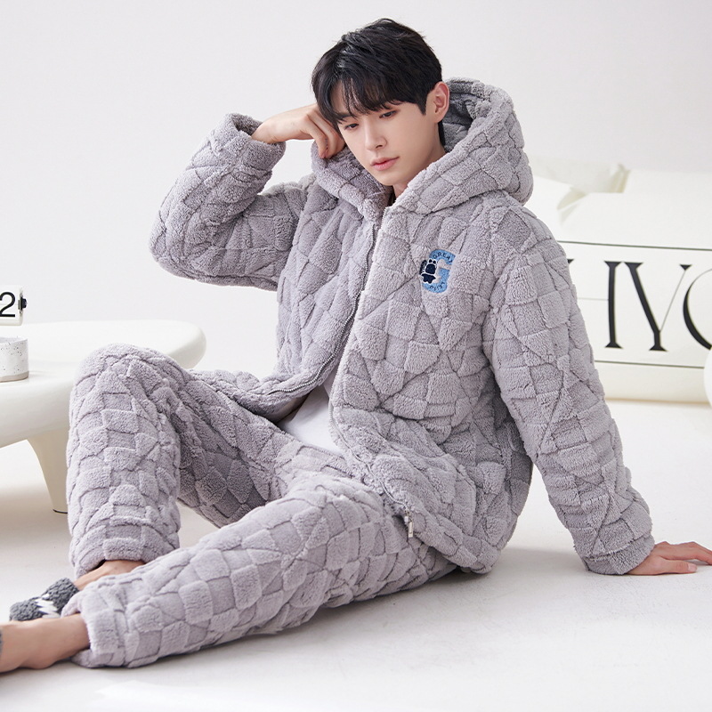 Pijamas de hombre invierno coral polar engrosado forrado de lana de tres capas de algodón acolchado chaqueta otoño e invierno cálido invierno ropa de casa súper gruesa