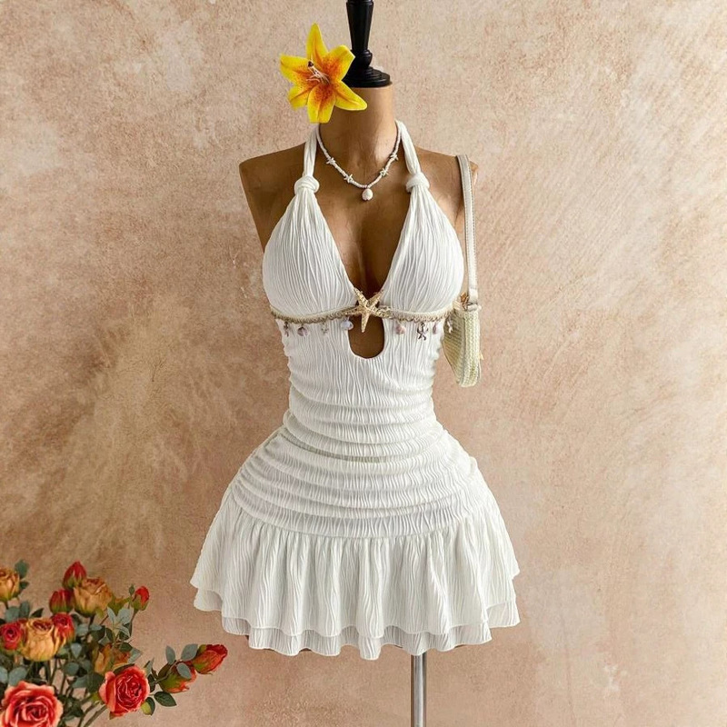 European and American Cross-Border Summer New Style White Backless Twist-Knot Starfish Shell Decoration Halter Neck Slim Mini Dress for Women European and American Cross-Border Summer New Style White Backless Twist-Knot Starfish Shell Decoration Halter Neck Slim Mini Dress for Women