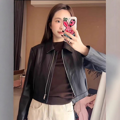 新款翻领短款PU皮衣外套205秋季显瘦韩版时尚小个子机车皮夹克女