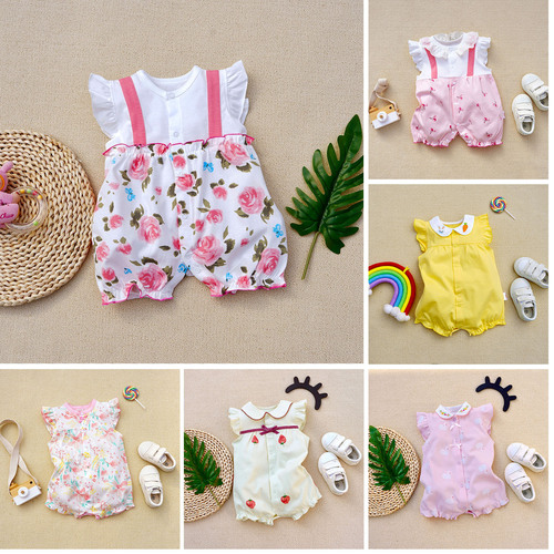summer baby short-sleeved jumpsuit summer crawl suit small flying sleeves jumpsuit cotton cool pajamas 3-18